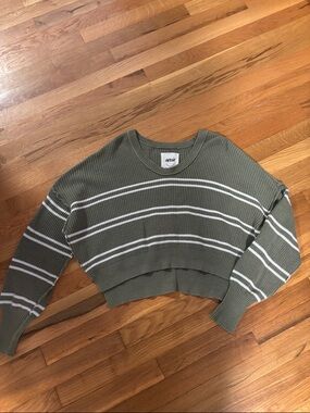aerie Olive Green & White Striped Cropped Sweater